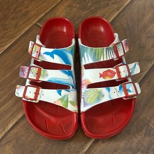 Birkenstock Red and White Kids Sandals with Ocean Design